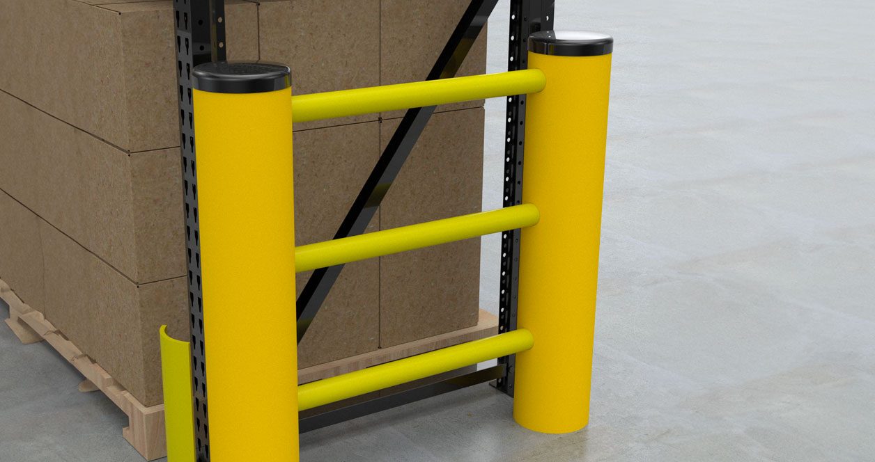 Defensa Flex de doble contacto, amarilla, protegiendo un rack con pallets